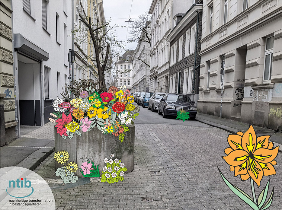 Straße mit Blumenkübel aufgezeichneten Blüten