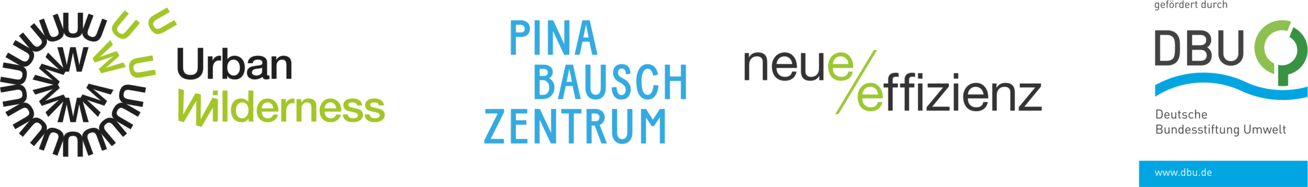 Logos vom Projekt Urban Wilderness, dem Pina Pausch Zentrum , der Neuen Effiezienz gGmbH und der Deuteschen Bundesstiftung Umwelt